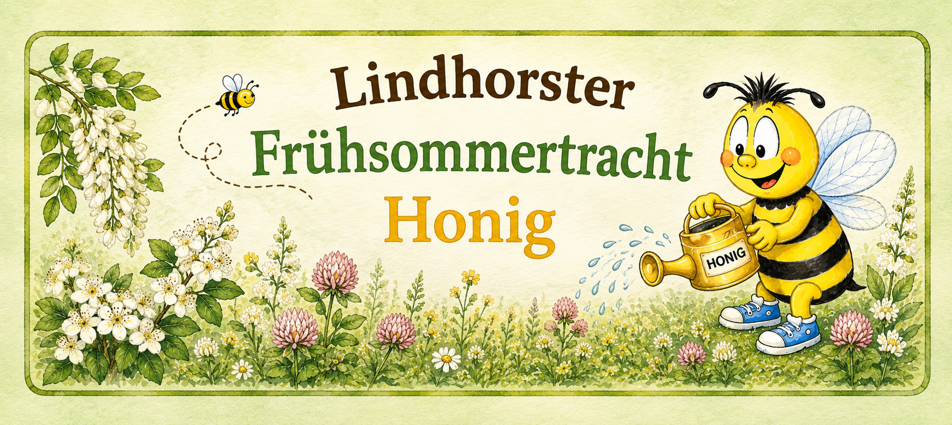Etikett der Lindhorster Frühsommertracht mit Biene und Wiesenblüten