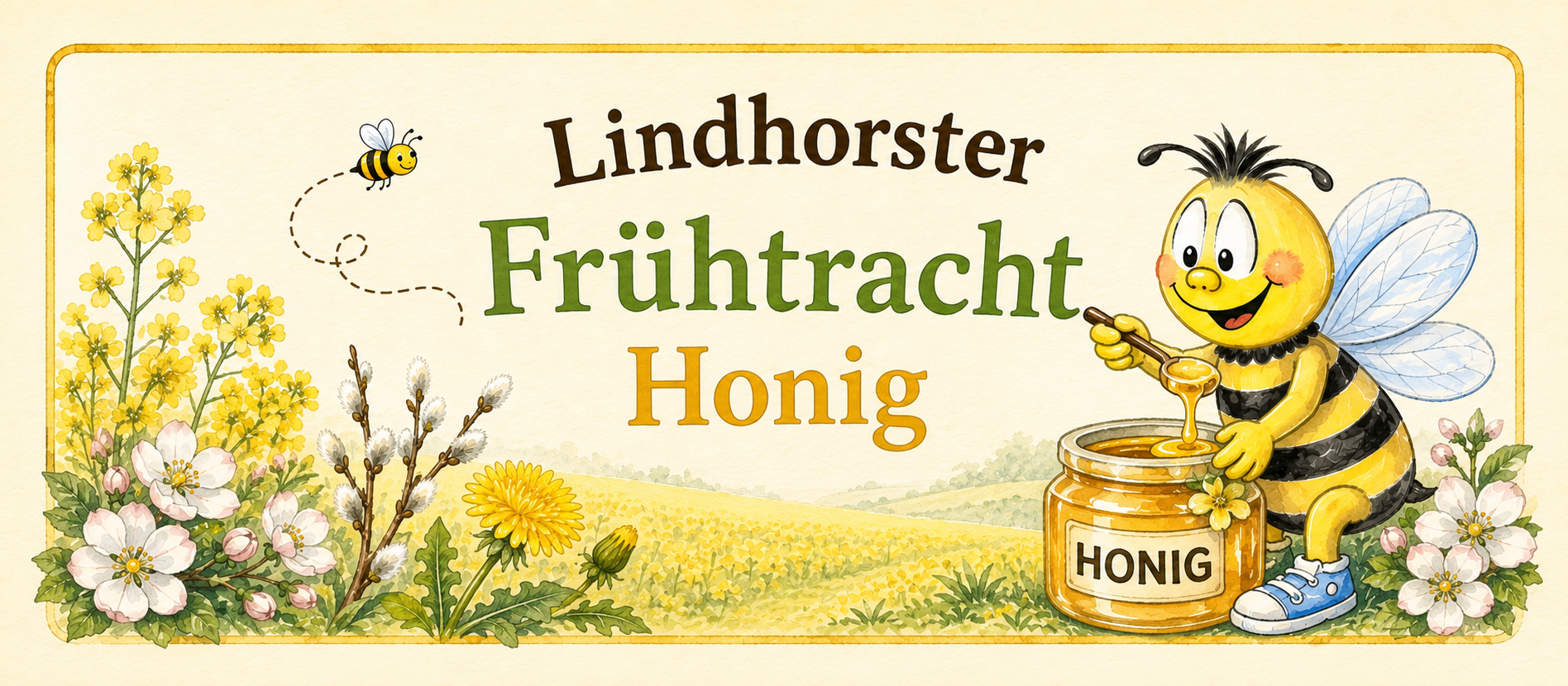 Etikett der Lindhorster Frühtracht mit Biene, Raps und Frühlingsblüten